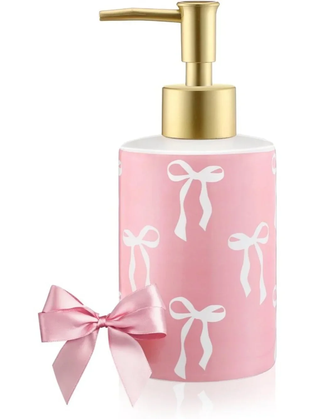 Cute Pink Bow Soap Dispenser - Ceramic Hand Pump, Rust-Proof, Preppy Bathroom